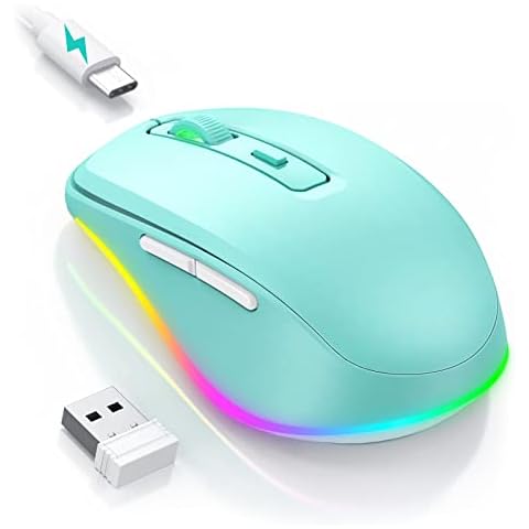 Seenda Wireless Mouse, USB Jiggler Rechargeable RGB Mouse, 800/1200/1600/2000 Adjustable DPI, Soft Click, Portable Computer Mice for Windows/Mac/Linux, Blue Cover