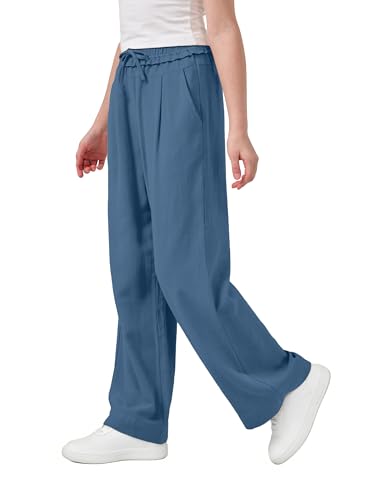 Image of Rolanko Girls Wide Leg Linen Pants Breathable Flowy Palazzo Trousers for School Beach Daily Wear 9-15 Years