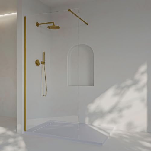 Soulhome Mampara De Ducha Panel Fijo, Fácil Instalación Vidrio De Seguridad 8 Mm Antical, 75 Cm Ancho X 200 Cm Alto, Perfil Dorado