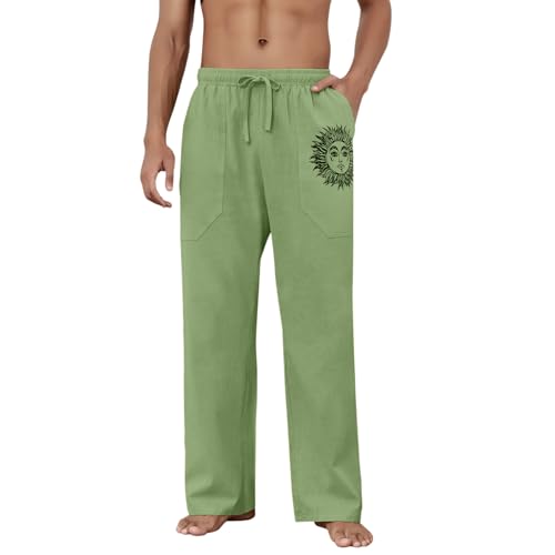 Puimentiua Cotton Linen Pants Men, Summer Beach Pants Loose Fit with Elastic Waist Drawstring