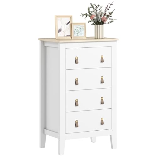 HOMCOM Cómoda de Dormitorio Moderna con 4 cajones con Asas de Piel sintética y guías de Metal para salón, Pasillo, Entrada, 60 x 40 x 98 cm, Color Blanco