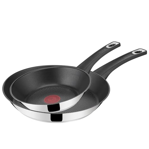 Tefal Jamie Oliver Everyday E3212S55 Set of 2 Stainless Steel Non-Stick Induction 20/26 cm Frying Pans, Even Heat Distribution, Superior Non-Stick Coating, Heat Indicator, Riveted Handle