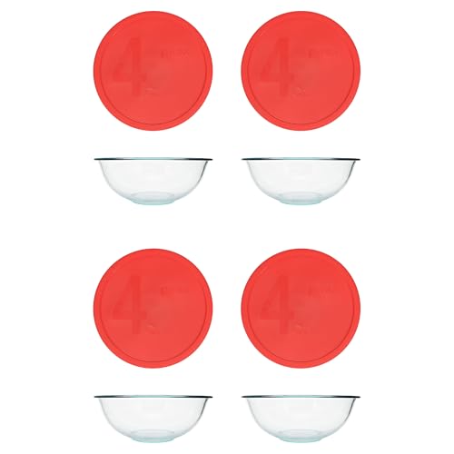 Juego de 4 tazones Pyrex de vidrio templado con tapas rojas miniatura 1