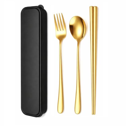 Image of Baby Self Feeding Spoon and Fork Set with Travel Case Stainless Steel Kids Cutlery Toddler Training Utensils Color as per Stock (Cutlery Set with Case)
