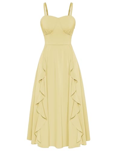 Image of Belle Poque Pastel Dress for Women Summer Flowy Boho Ruffle Dress 2025 Sleeveless Long Cocktail Dresses Yellow L