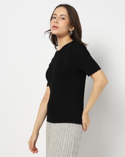 Image of Gap Women Solid Fitted Short Sleeves Round Neck Blouse