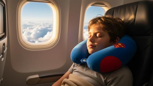 Image of Soft and Comfortable Cartoon Designed U-Shaped Kids Travel Neck Pillow for Airplane Car Flight Head Neck Support for Boys and Girls (Pack of 1, Blue)