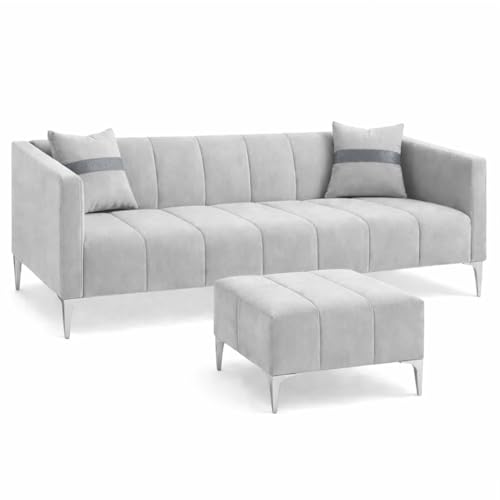 Image of Solomon 4 Seater L Shape Sofa Set with Movable Ottoman | Flexible Left or Right Layout | Luxe Velvet Suede Fabric | Comfortable Seating | Modern Sofa for Living Room - Light Gray