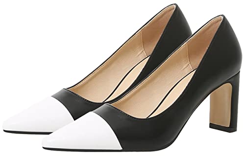 Stunner Women's Pointed Toe Pumps Shoes Stitching Color Chunky Heel Party Dress Heels