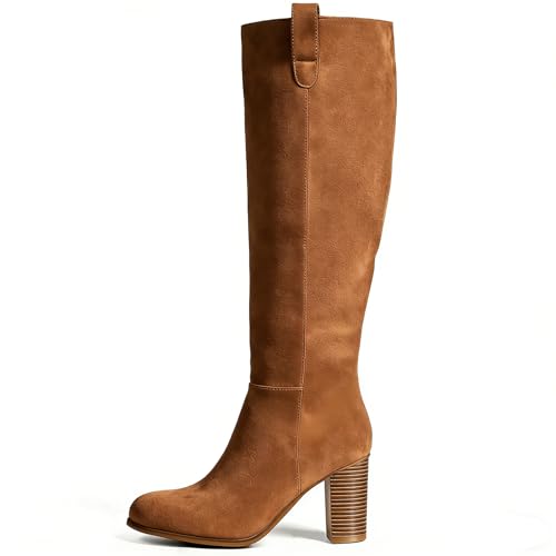Vipost 3.3-inch Round Toe Suede Knee High Fall Boots for Women,Tall Long High Heel Chunky Block Boots with Side Zipper, Fall Winter Fasion 2025