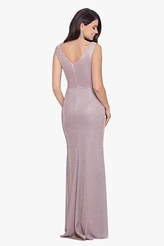 Image of Betsy & Adam Women's Long Bodycon Sleeveless Boat Neck Evening Gown with Side Slit Ruffle