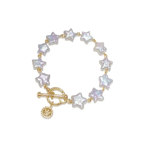 12MM Freshwater Pearl Bead Bracelet for Women with Sunface Charm, 18k Gold Plated Star Bracelet For Women 6.5