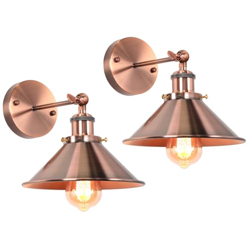 iDEGU 2 Pezzi Lampade da Parete Industriale Vintage Applique da Parete Retrò Stile Edison in Metallo E27 Regolabile Plafoniere Lampade da Muro Interno per Soggiorno Cucina Cameretta (22cm, Rame Rosso)