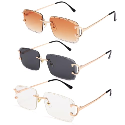 Image of Hycredi Rimless Rectangle Sunglasses for Men /Women- Frameless Square Trendy Shade - Diamond Cutting Eyewear
