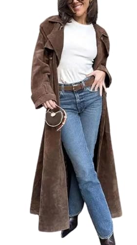 Trench long en suédine pour femme avec ceinture et double boutonnage