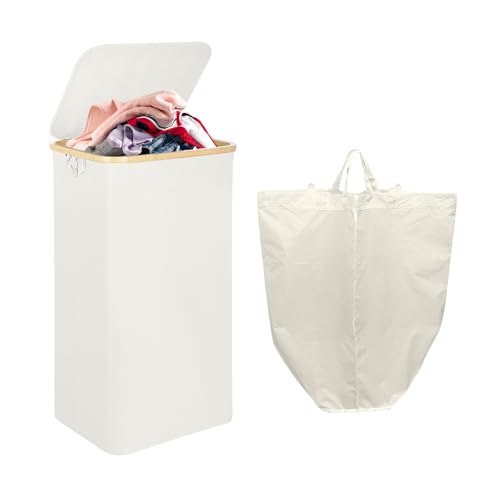 Cesto Ropa Sucia con Tapa 110L - Diseño Estrecho Anticaída, Material 300D Ion Coat para Baño, Dormitorio y Lavandería（Blanco）