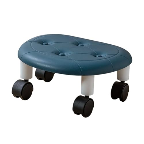 XQWANG Taburete Bajo Redondo con Ruedas, Taburete para Zapatos, Taburete Giratorio Estable De Cuero, con 4 Ruedas Universales para Oficina En Casa,Azul