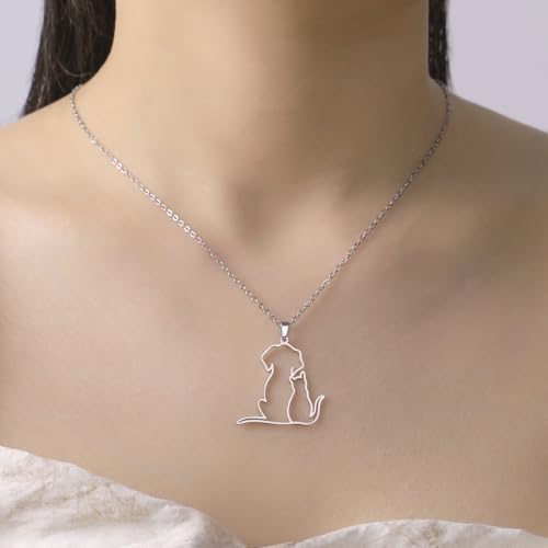 TEAMER Niedliche umarmende Katze Hund Halskette Hunde Anhänger Edelstahl Katzen und Hundeliebhaber Schmuck für Damen und Herren (Silber)