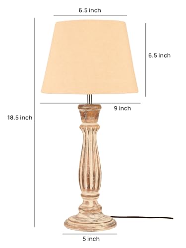 Image of Green Girgit Athens Wooden lamp with Taper Samre Brown Solid Shade, Vintage Style Table Lamp with Fabric Beige Shade, Distressed Wood Base (LED Bulb Included)