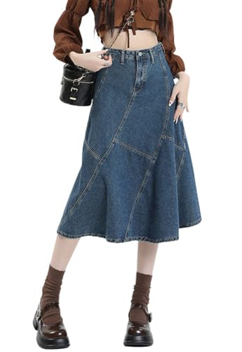 utcoco Women's High Waist Long Denim Skirt Stitch Ruffle Swing A-Line Jean Midi Skirt with Pockets