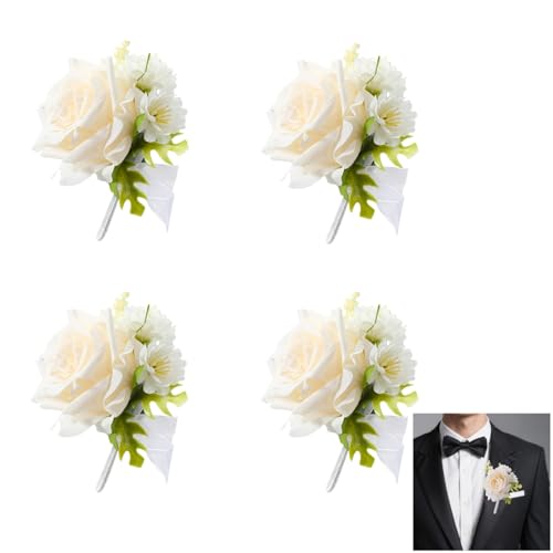 Huilimei 4 pièces Boutonnière artificielle rose pour homme, Corsage mariée et marié demoiselle d'honneur Cérémonie de mariage, Anniversaire, Dîner...