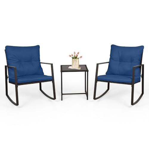 SUNCROWN 3 Piece Outdoor Rocking Bistro Set Black Wicker Furniture Porch Chairs Conversation Sets with Glass Coffee Table, Dark Blue