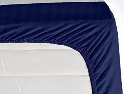 Image of KAWI Satin Cotton 220 TC Striped Elastic Fitted Bedsheet Queen Size (78X72XUp To 6 Inches Mattress)-Blue Color