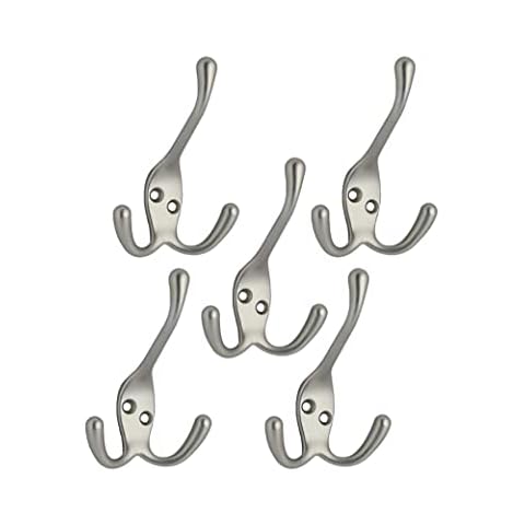 QCAA Coat Hat Hook with Three Prongs, 4", Zinc Die Cast, Satin Nickel, 5 Pack, Made in Taiwan Cover
