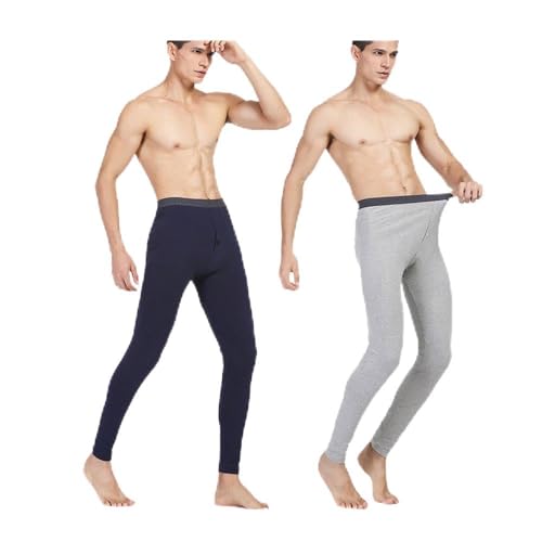 IVYRISE 2 Pack Mens Longjohns Thermal Underwear Cotton Basic Layer Light Weight Warm Bottom, Navy Blue & Light Gray
