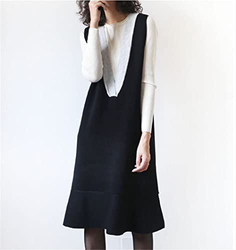 Cashmere Knitted Color Block Sweater Vest Sleeveless V-Neck Sweater Midi Dress,Black-L2