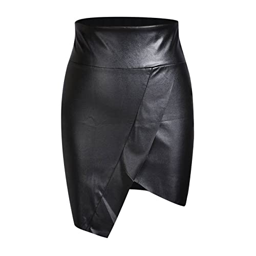 Women's Faux Leather Bodycon Mini Pencil Skirt Basic High Waist A-line Short Skirt Asymmetrical Hem Slim Wrap Skirt4