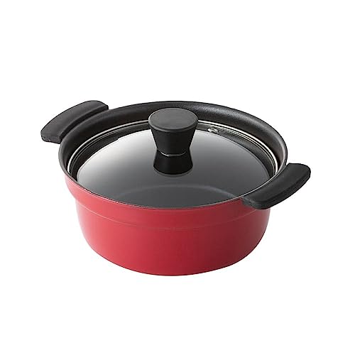 カインズ(CAINZ) ふきこぼれしにくいアルミ卓上鍋 レッド 16cm IH・ガス火対応 1人用 ガラス蓋付き なべ