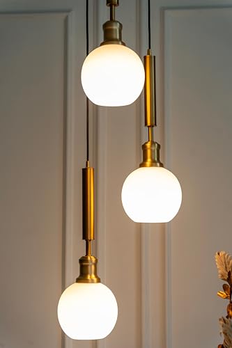 Image of Divine Trends Triple Globe Hanging Pendant Light Antique Brass Finish with Frosted Milky White Glass | Hanging Lamp for Living Room | Chandelier Ceiling Lamp - Pack of 1