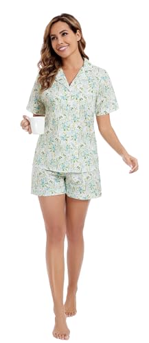 Image of LUBOT 100% Cotton Pajamas for Women 2 Piece PJ Set Poplin Woven Lightweight Ladies Button Short Sleeve Sleepwear S-XXL