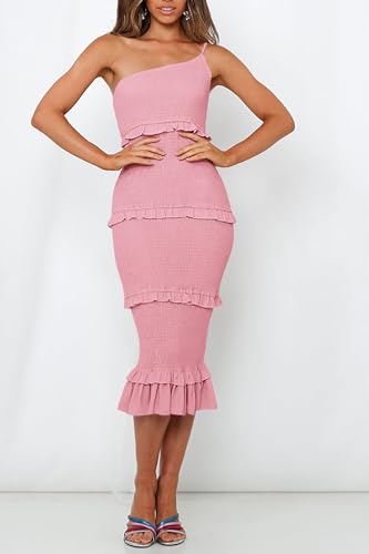 Image of PRETTYGARDEN Women's Summer Midi Bodycon Dresses One Shoulder Strappy Tiered Ruffle Floral Boho Sun Dress