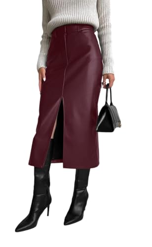 Wuitrie Leather Skirt Women 2025 Trendy PU Leather Long Skirt High Waist Zip Slim Split Pencil Midi Skirts