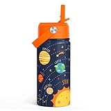 SANDJEST Water Bottle with Straw Lid 12oz Insulated Stainless Steel for Kids, Travel Tumbler, Gifts for Boys, Birthday, Christmas, Back To School (Solar System)