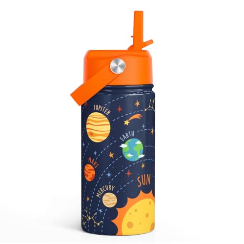 Image of SANDJEST Solar System Kids Water Bottle With Straw Lid 12oz Insulated Stainless Steel, Travel Tumbler, Gifts For Boys, Birthday, Christmas, Back To School