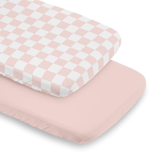 Image of Sweet Jojo Designs 2-Piece Baby Bassinet Sheets Set (Pink Gingham Checkered Plaid) for Girls, Infant Newborn Nursery, Oval, Rectangle & Hourglass Mattress (Solid Blush & Vintage, Classic Checkerboard)