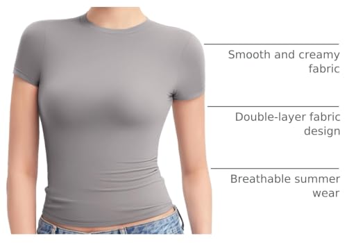 PUMIEY T Shirts for Women Crew Neck Short Sleeve Basic Tops Summer Y2K Crop Tops, Elephant Grey Small by PUMIEY - Used condition - US$18.00