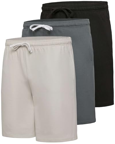 Real Essentials 3 Pack: Shorts Mens Gym Casual Workout Athletic Sweat Short Pajama Cotton Sleep Lounge Basketball Pockets 9 Inch Inseam Drawstring Fleece Pull On Elastic Jersey Knee Length Running