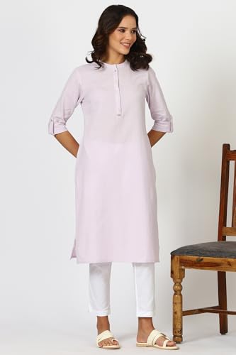 Image of W for Woman Lilac Mandarin Collar Cotton Blend Straight Kurta