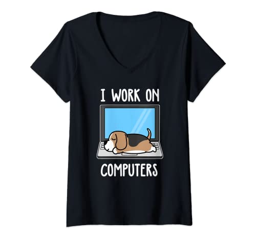 Mujer I Work On Computer Beagle Dog Sleep Funny Puppy Lovers Camiseta Cuello V