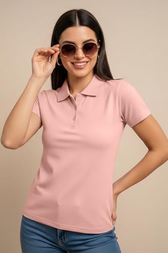 Image of JUNEBERRY Pure Cotton Regular Fit Plain Solid Classic Polo Collar Half Sleeve T-Shirt for Women (Colors: Olive, Maroon, Navy, Black, Green & Orange)