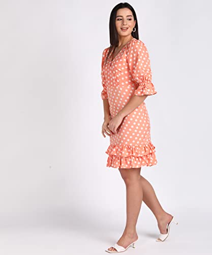 Image of Vahson Bottom 2 Layer Flared Balloon Sleeve V-Neck Dot Printed Short Knee Length Dress for Girls /Women