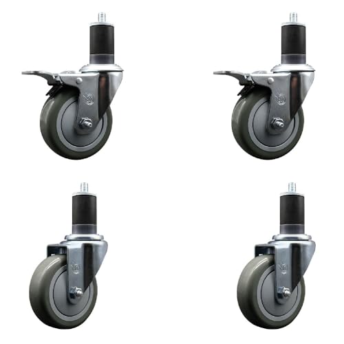 Stainless Steel Polyurethane Swivel Expanding Stem Caster Set of 4 with 4 Inch Gray Wheels and 1-5/8