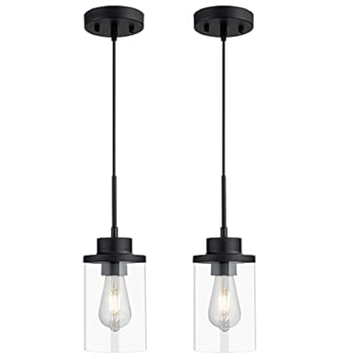 DALIVOL Modern Black Farmhouse Clear Glass Cylinder Pendant Light Fixture, Single Hanging Pendant Lighting for Kitchen Island, Dining Room, Foyer & Hallway(2 Packs)