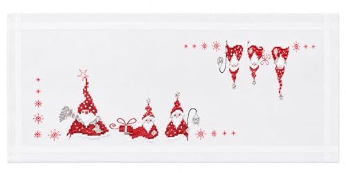 Image of Vervaco Embroidery Christmas Embroidery Kits Cross Stitch Table Runner DIY Set, Tablecloth to Embroider with Image on Cotton and Embroidery Thread, 16 x 40 Inches, Three Christmas Gnomes