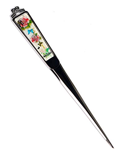 Decorative Envelope Paper Letter Opener with Mother of Pearl Antique Design Silver Steel Office Knife Hand Cutter Blade (Peony)