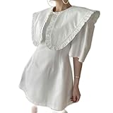 QWEEK Oversized Black Dress Women Casual Summer Loose Peter Pan Collar Short Sleeve Dresses -White-XL